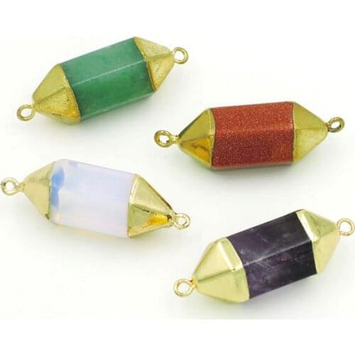 Mixed Stones Green Aventurine / Purple Quartz / Opal Clear Quartz / Opal Hexagon Column Double Points Connectors Approx 15*40 mm