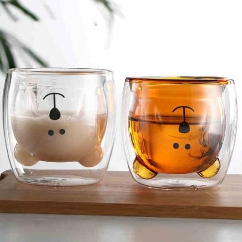 Glass Cat Mugs Double Wall Glass Mug Bear Cat Dog Animal Double-layer Glass Mug Coffee Cup Christmas Mug Gift Cute Milk Cup