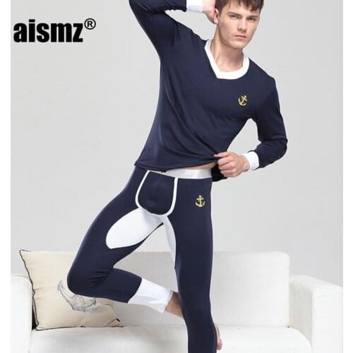 Aismz Men 's Long Johns Cotton Thermal Underwear Suit Winter Homewear Set Clothing Soft Warm Slim Elastic Force Underwear