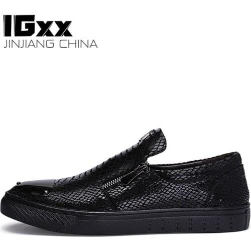 IGxx Zip Shoes For Men Glitter Punk Metal Snake Casual Shoes Mens Flats Genuine Leather Motorcycle Shoes Zipper