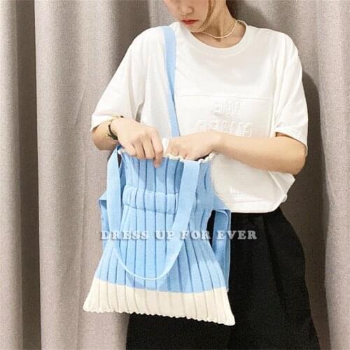 Womens Bag Color Stitching Tote Knitting Shoulder Drawstring Literary Portable Shopping Bag Travel Handbag For Female Trend New