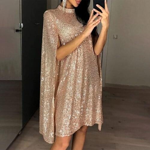 Women 2021 Summer Loose Elegant Fashion Ladies Clothes Womens Sequin Party Mid-length Skirt Cape Sleeve Autumn Dress