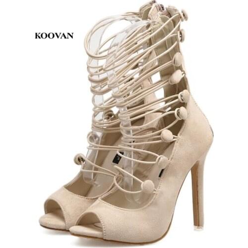 Koovan Womens High Heel Boots Fashion Style Elastic Belt Buttons Cool Boots 2018 Summer Hollow Sandals High-heeled Women Shoes