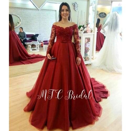 Gorgeous Long Sleeve Burgundy Arabic Evening Dress Off The Shoulder Beads Lace Sweep Train Tulle Formal Occasion Dresses Custom