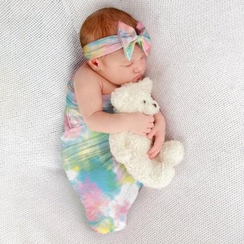 2 Pcs Newborn Baby Receiving Blanket Headband Set Infant Gradient Color Swaddle Wrap Sleeping Bag Hair Band Kits H055