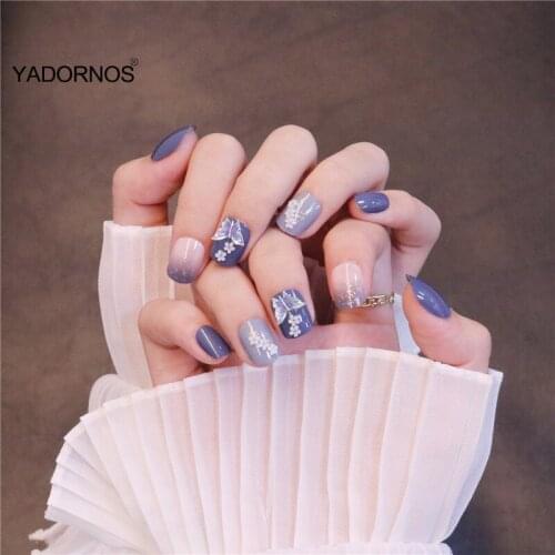 24pcs pre decorated nails Blue Color Wear Small Paragraph Fashion Manicure Patch False Nails Save Time Wearable Nail Patch TY