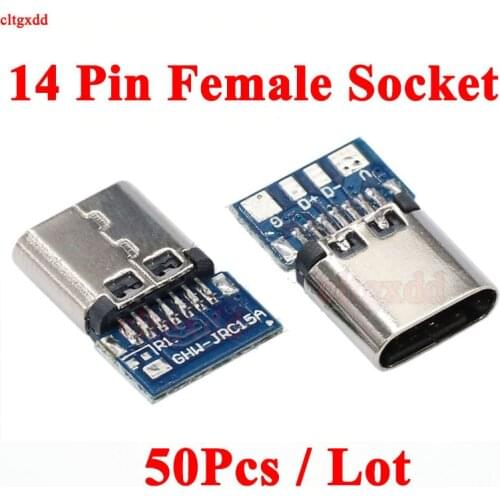50pcs Micro USB 3.1 Type C Connector 14 Pin Female Socket receptacle Through Holes PCB 180 Vertical Shield USB-C for power Bank