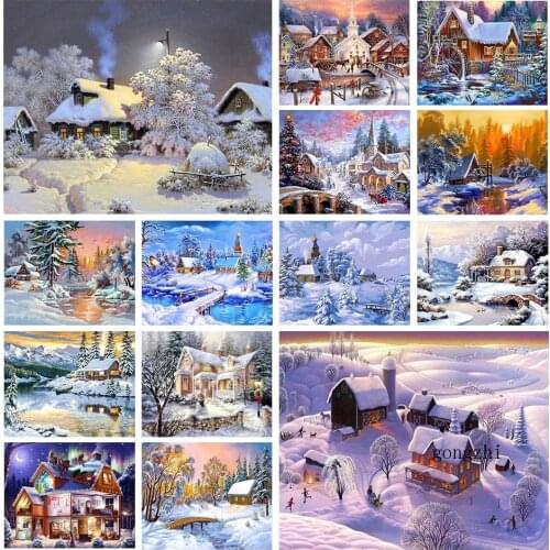 5D Diy Diamond Painting Landscape Winter Snow House Full Square Round Rhinestones Mosaic Cross Stitch Picture Gift Home Decor