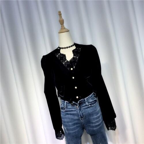 Velvet Lace Patchwork Women Shirts Autumn New Long-Sleeved Button Slim Office Lady Elegant Outwear Tops