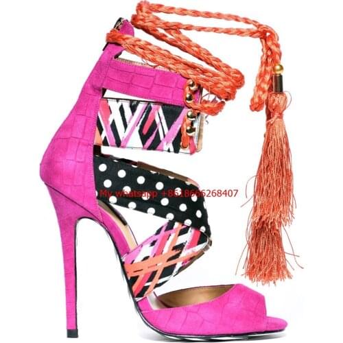 Sandals Women High Heels Fashion Fringe Thin High Heel Summer Sexy Heeled Sandals Ladies Lace Up Sandals Female