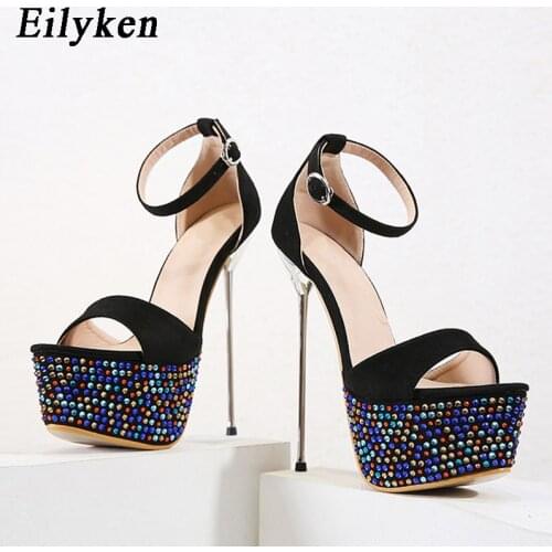 Eilyken Women Buckle Strap Platform Sandals Thin High Heels Fashion Mixed Colors Bling Rhinestones Crystal Nightclub Party Shoes