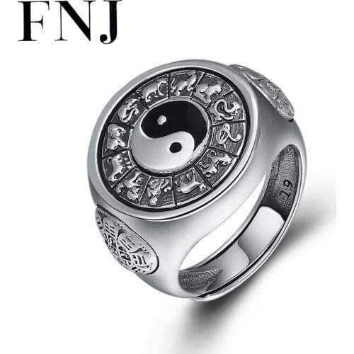 FNJ Zodiac Rings 925 Silver Adjustable Size Animal Yinyang Bagua Rotatable Good Luck S925 Solid Silver Ring for Men Jewelry Fine
