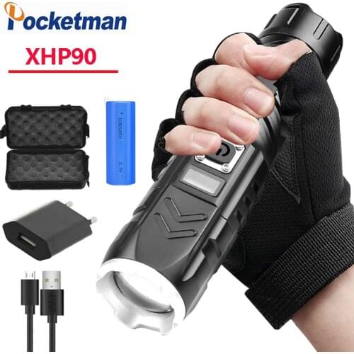 2021 Newest XHP90 flashlight telescopic zoom flashlight led 4 modes torch lantern with power display power bank SOS function