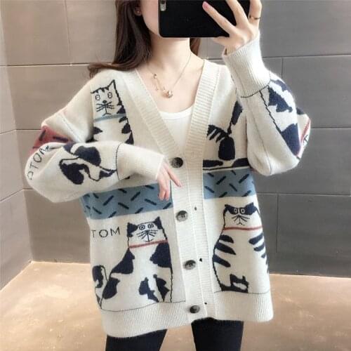 Ladies V-neck Cardigan Harajuku Sweater Jacket Female Funny Casual Loose Top Fashion Street All-match Long Sleeve Sweater Autumn