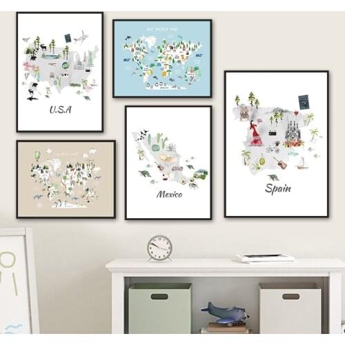 World Country Culture Anima Map Wall Art Canvas Painting Nordic Posters And Prints Cartoon Wall Pictures Baby Kids Room Decor