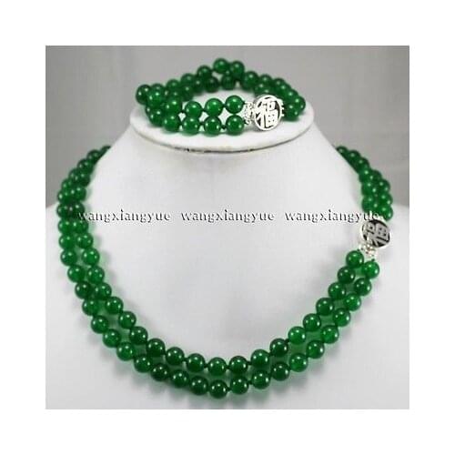 Hot selling> 2Rows 8mm Green Natural stone Jewelry Necklace Bracelet Set AAA GP Bridal wide watch wings queen JEWE (A0 -Br