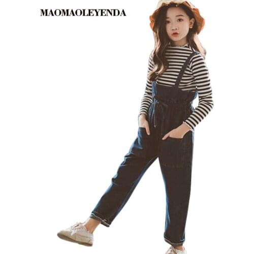 Girls Clothes Set Striped Shirt+Jumpsuit 2 Pcs Autumn Suit For Girls Casual Childrens Set spring Teen Girls Clothing 4-12 Years