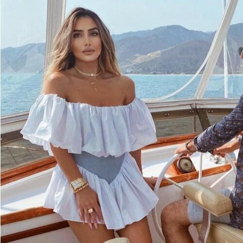 Two Pieces Suit Summer One Line Collar Ruffle Top Womens Elegant Ruffles Jumpsuit Ladies Sexy Bodycon Playsuit