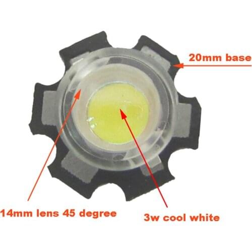 Powerful 10 20 50 100pcs 1w 3w LED Bulb Chip Light Cool White 6000k ~ 6500k+ 20mm base + 30 45 60 90 100 Degree LED Lens