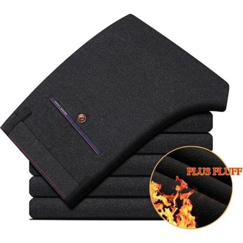 2020 Winter New Men Warm Casual Pants Business Casual Elasticity Slim Thick Plus Velvet Trousers Male Brand Clothes Khaki Navy