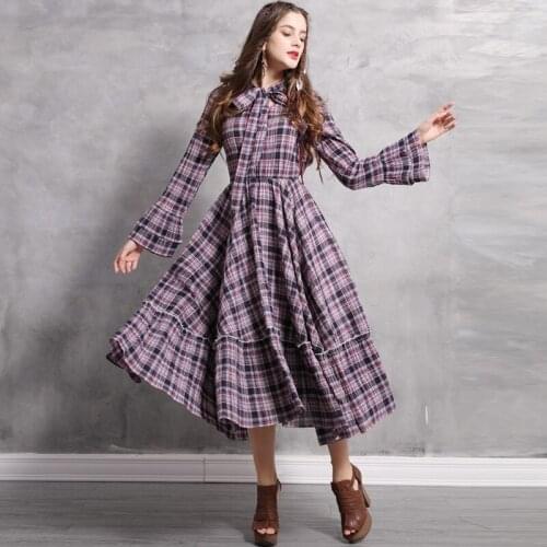 The new spring 2020 lace-up posed long retro plaid bow waist A82133 elegant dress