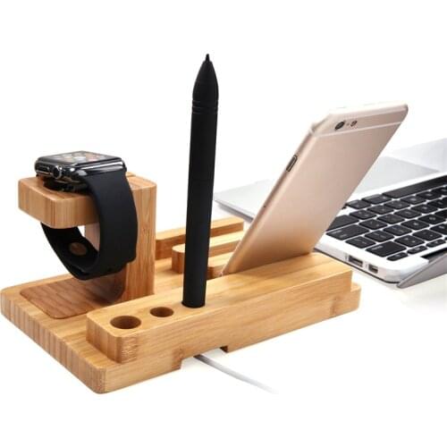 New Desktop Mobile Phone Holder Stand for iPad Tablet Bracket Real Bamboo Wood Charging Stand for Apple Watch Pad Phone Tablet