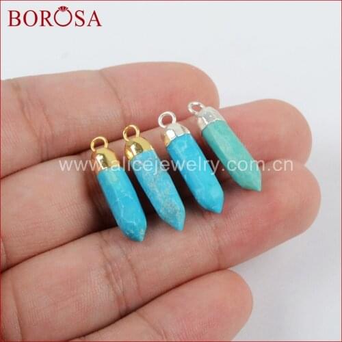 BOROSA 10PCS Spike Natural Turquoises Faceted Charm for Earrings Gold Color Natural Drusy Stone Charms Jewelry G1370