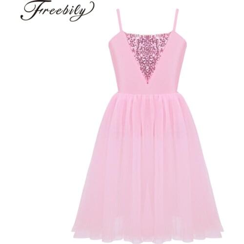 Teens Girls Spaghetti Shoulder Straps Sequins Mesh Ballet Dance Leotard Dress Kids Stage Contemporary Lyrical Dance Costumes