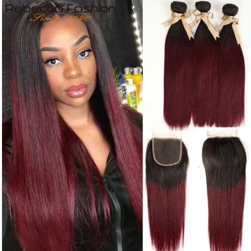 Rebecca Bone Straight Colored Ombre Human Hair Bundles With Closure 1B/99J 1B/27 1B/30 Brazilian 3 Hair Bundles With Closure