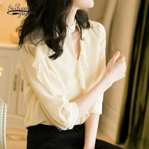 Silk Shirt Women Blusas Mujer De Moda 2020 Summer Fashion Stand Collar Chiffon Blouses Hollow Out Ruffled Ladies Top 9727