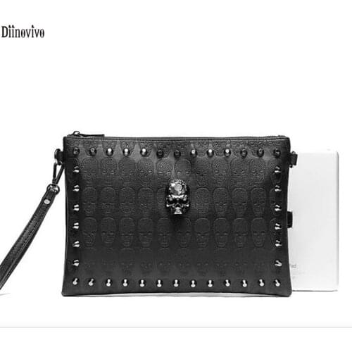 Diinovivo Skull Printing Clutch Bag Unisex Rivet Large Capacity Handbag PU Leather Bag Black Punk Wallet Bag Purse WHDV1620