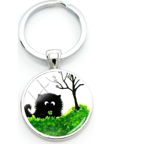 TAFREE Cartoon Black Cats Illustration Glass Keychains Cute Cat 25mm Photos Key Ring Cabochon Lovely Jewelry For Childrens Day