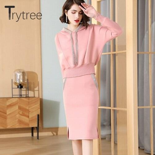 Trytree 2020 Autumn Winter Two piece set Casual Hooded Solid Top + Skirt Knee-Length Fashion Slim fit Split hem Set 2 Piece Set