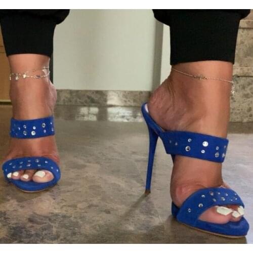 Moraima Snc Blue Suede Crystal Embellished High Heel Sandal Summer Open Toe Cutouts Thin Heels Shoes Woman Cutouts Sandal