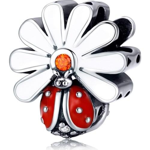 Pandach Ladybug with Daisy Flower Beads for Women 925 Sterling Silver Enamel Charm fit Original Bracelet DIY Jewelry CMC1276
