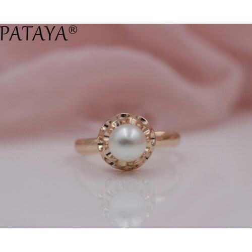 PATAYA New Arrivals Special Offer 585 Rose Gold Rings Women Round Imitation Pearls Hollow Engraved Wedding Party Jewelry Gift