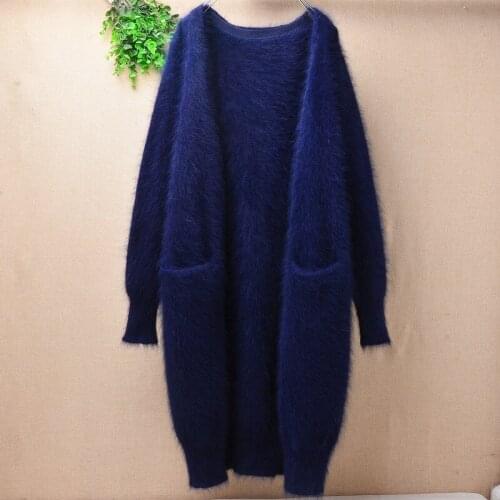 Female women autumn winter clothing fashion blue mink cashmere knitted long sweater slim cardigans angora fur jacket coat pull