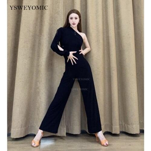 2020 Autumn Women New Style Latin Ballroom Dance Jumpsuit one Sleeves High Waist Black Trainning Dance Trousers Dance Pants K17
