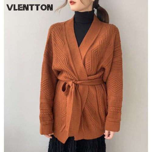 2020 Autumn Winter Women Vintage Thick Knitted Sweater Cardigans With Belt Solid Korean Casual Loose Coats Female Tops Jumper