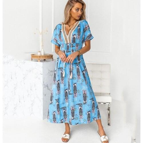 Casual Boho Lace Patchwork Print Midi Dress Woman Summer Deep V-neck Short Sleeve Dresses For Women 2021 Blue Tassel Robe Femme
