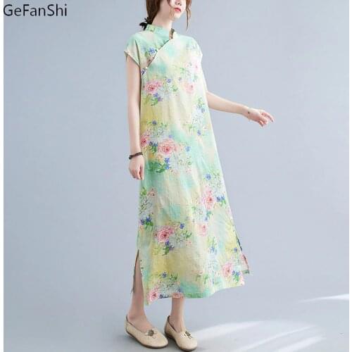 2021 New Summer Beach Dress Women Print Boho Cheongsam Cotton Linen Dress Loose Casual O-Neck Sweet Vintage Dress Robe
