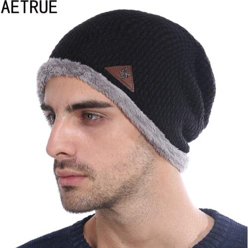 AETRUE Winter Beanies Men Knitted Hat Winter Hats For Women Men Beanie Skullies Fur Bonnet Warm Plain Flat Baggy Wool Knit Cap