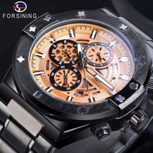 Forsining Male Sport Mechanical Watches Automatic Yellow 6 Hands Date Multifunction Luminous Hands Steel Belts Relogio Masculino