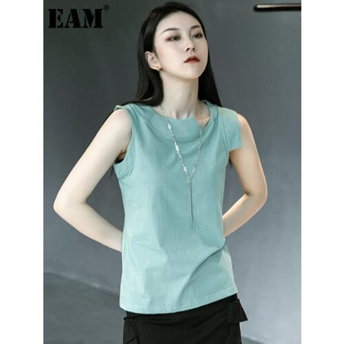[EAM] Women Green Irregular Cut Casual Multicolor T-shirt New Round Neck Sleeveless Fashion Tide Spring Summer 2021 1DD9643