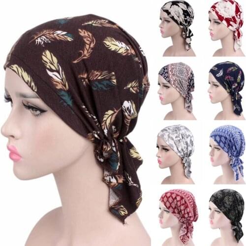 Feather Print Solid Color Jersey Hijabs Muslim One Piece Inner Hijab Head Cap Multi-Wear Turban Women Bandage Bow Headband 2021