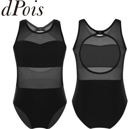 Kids Girls Sleeveless Mesh Splice Ballet Leotard Gymnastics Leotard Cutout Back Sports Bodysuit Jumpsuit Ballerina Dancewear