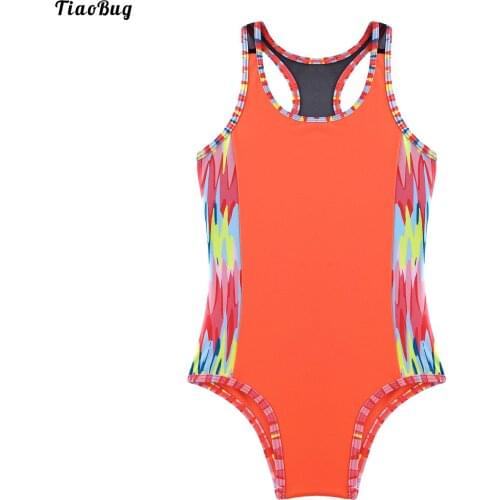 TiaoBug Kids Girls One-Piece Jumpsuit Swimwear Round Neck Sleeveless Racer Back Open Back Print Beach Pool Bathing Bodysuit