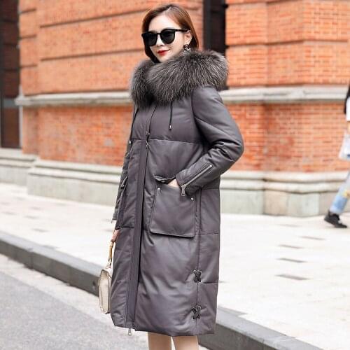 Genuine Leather Jacket Women Sheepskin Coat Female Hooded Winter Down Jackets Raccoon Dog Fur Collar 2021 Femme Veste Pph2519
