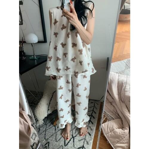 Sleeveless cartoon bear summer pajama set women kawaii pants set 2 piece set sleepwear home suit cotton homewear breathable Y748