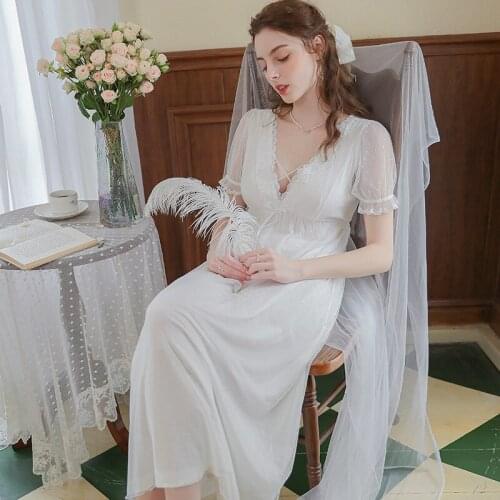 Summer Women Lace Embroidered Nightgown Bride Wedding Dressing Bathrobe Gown Sexy V-Neck Mesh Modal Nightdress Princess Skirt
